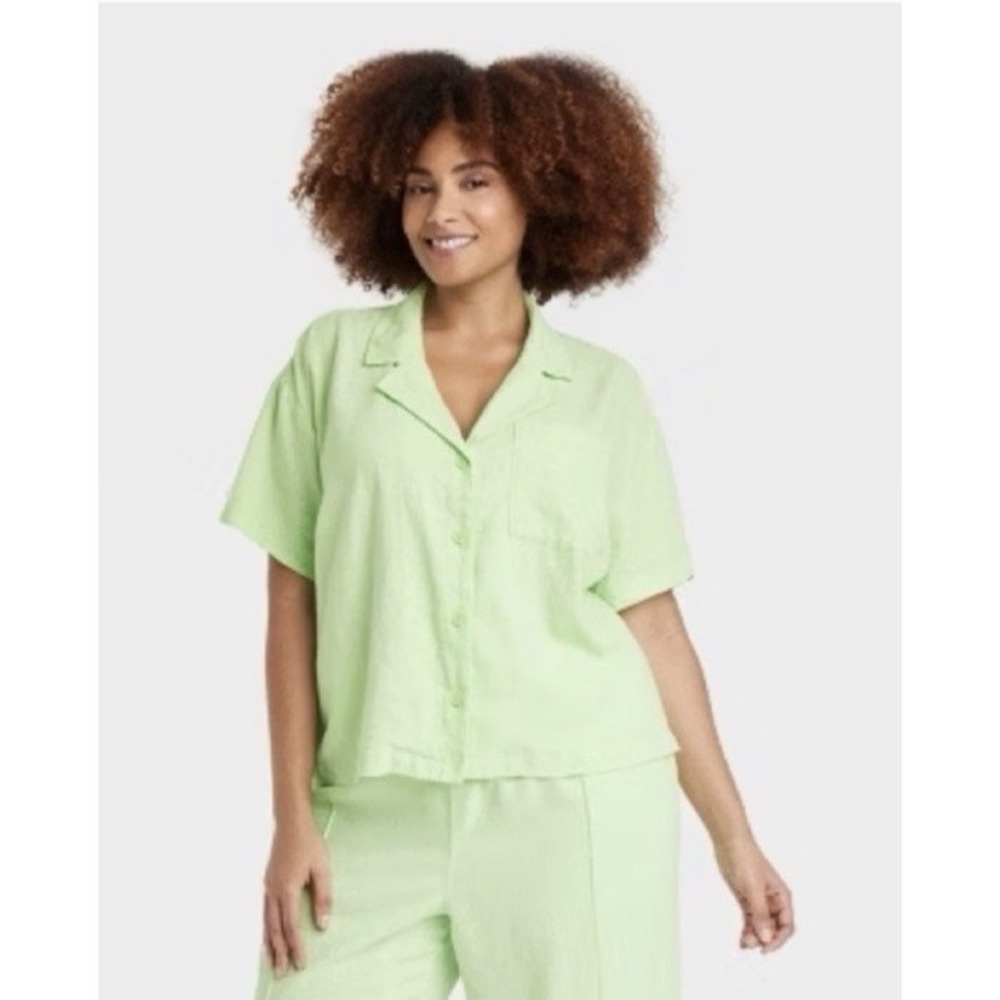 A New‎ Day Linen Short Sleeve Button Down Boxy Camp Shirt Women's 3X Green NEW